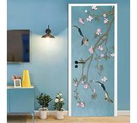 A.Monamour Adesivo Porta Autoadesiva 3D Fiore Rosa Albero E Uccelli Su Sfondo Blu Vinile PVC Adesivi per Porte Interne Pellicola Adesiva Poster Sticker Murale Parete Carta da Parati