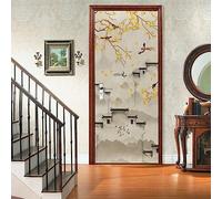 A.Monamour Adesivo Porta Autoadesiva 3D Fiori Uccelli Alberi Ed Edifici In Stile Cinese Inchiostro Vinile PVC Adesivi per Porte Interne Pellicola Adesiva Poster Murale Parete Carta da Parati 95x215cm