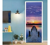 A.Monamour Adesivo Porta Autoadesiva 3D Molo Di Legno In Un Lago All'Alba Vinile PVC Adesivi per Porte Interne Pellicola Adesiva Poster Sticker Murale Parete Carta da Parati