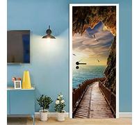 A.Monamour Adesivo Porta Autoadesiva 3D Ponte Di Legno Dal Mare Grotta Di Montagna Natura Paesaggio Al Tramonto Vinile PVC Adesivi per Porte Interne Pellicola Adesiva Poster Sticker Murale Parete