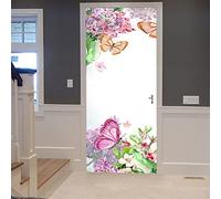 A.Monamour Adesivo Porta Autoadesiva 3D Sfondo Floreale Ad Acquerello Con Giardino Botanico Di Farfalle Vinile PVC Adesivi per Porte Pellicola Adesiva Poster Sticker Murale Parete Carta da Parati