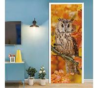 A.Monamour Adesivo Porta Autoadesiva 3D Uccello Del Gufo Comune Con Foglie Di Quercia Arancione In Autunno Vinile PVC Adesivi per Porte Interne Pellicola Adesiva Poster Sticker Murale Parete