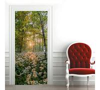 A.Monamour Adesivo Porta Autoadesiva 3D Un Campo Di Piccoli Fiori Bianchi In Una Foresta Al Tramonto Scenario Naturale Vinile PVC Adesivi per Porte Interne Pellicola Poster Sticker Murale Parete