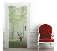 A.Monamour Adesivo Porta Autoadesiva 3D Un Cervo Rosso Nel Tema Degli Animali Della Foresta Nebbiosa Vinile PVC Adesivi per Porte Interne Pellicola Adesiva Poster Murale Parete 85x215cm