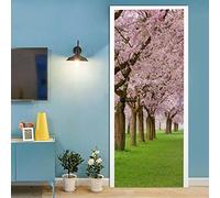 A.Monamour Adesivo Porta Autoadesiva 3D Un Parco Con Filari Di Ciliegi In Fiore Sakura E Prato Verde In Primavera Vinile PVC Adesivi per Porte Interne Pellicola Poster Sticker Murale Parete
