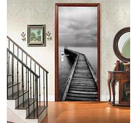 A.Monamour Adesivo Porta Autoadesiva 3D Un Ponte Di Legno Sopra L'Oceano In Bianco E Nero Vinile PVC Adesivi per Porte Interne Pellicola Adesiva Poster Sticker Murale Parete Carta da Parati