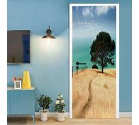 A.Monamour Adesivo Porta Autoadesiva 3D Un Solo Albero Su Prati Dorati Limati Dal Mare Con Cielo Azzurro Vinile PVC Adesivi per Porte Interne Pellicola Adesiva Poster Sticker Murale Parete