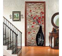 A.Monamour Adesivo Porta Autoadesiva 3D Un Vaso Nero Di Foglie Rosse Contro Il Muro Di Mattoni Arte Moderna Astratta Vinile PVC Adesivi per Porte Interne Pellicola Adesiva Poster 85x215cm