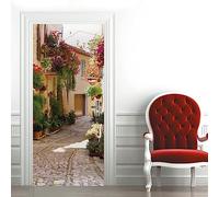 A.Monamour Adesivo Porta Autoadesiva 3D Vicolo Medievale Con Fiori A Spello Italia Vinile PVC Adesivi per Porte Interne Pellicola Adesiva Poster Sticker Murale Parete Carta da Parati 77x200cm