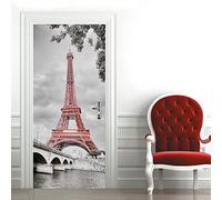 A.Monamour Adesivo Porta Autoadesiva 3D Vista Monocromatica Della Torre Eiffel Con Colore Rosso Vinile PVC Adesivi per Porte Interne Pellicola Adesiva Poster Sticker Murale Parete Carta da Parati
