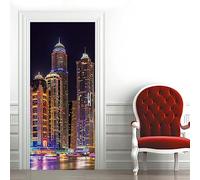 A.Monamour Adesivo Porta Autoadesiva 3D Vista Notturna Di Edifici Moderni A Dubai Vinile PVC Adesivi per Porte Interne Pellicola Adesiva Poster Sticker Murale Parete Carta da Parati 95x215cm
