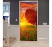 A.Monamour Adesivo Porta Autoadesiva Albero A Forma Di Cuore Rosso Nel Campo Dei Fiori San Valentino Per Gli Innamorati Vinile PVC Adesivi per Porte Interne 3D Pellicola Adesiva Poster Sticker Murale