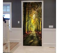 A.Monamour Adesivo Porta Autoadesiva Autunno Giallo Arancio Strada Forestale Raggio Di Sole Attraverso Alberi Scenario Vinile PVC Adesivi per Porte Interne 3D Pellicola Adesiva Poster Sticker Murale