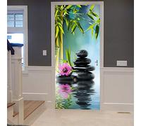 A.Monamour Adesivo Porta Autoadesiva Bambù Verde Roccia Nera Pietre Nel Lago D'Acqua Giardino Zen Yoga Spa Vinile PVC Adesivi per Porte Interne 3D Pellicola Adesiva Poster Sticker Murale Decorazione