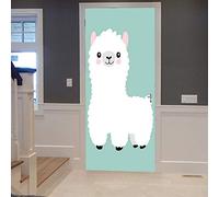 A.Monamour Adesivo Porta Autoadesiva Bianco Alpaca Lama Cartone Animato Disegno Animale Sfondo Turchese Vinile PVC Adesivi per Porte Interne 3D Pellicola Adesiva Poster Sticker Murale Decorazione
