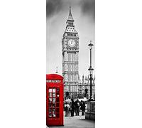 A.Monamour Adesivo Porta Autoadesiva Cabina Telefonica Rossa E Big Ben Londra Edifici Street Scene Vinile PVC Adesivi per Porte 3D Pellicola Adesiva Poster Sticker Murale Parete Carta da Parati