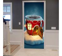 A.Monamour Adesivo Porta Autoadesiva Camino Dell'Albero Di Natale Della Casa In Legno A Forma Di Tazza Da Tè Da Favola Vinile PVC Adesivi per Porte Interne 3D Pellicola Adesiva Poster Sticker Murale