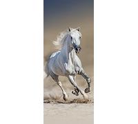 A.Monamour Adesivo Porta Autoadesiva Cavallo Bianco con Una Lunga Criniera Che Corre nella Polvere del Deserto Vinile PVC Adesivi per Porte Interne 3D Pellicola Adesiva Poster Sticker Murale Parete