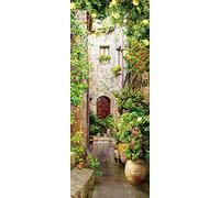 A.Monamour Adesivo Porta Autoadesiva Cortile Italiano Vecchia Casa In Pietra Ingresso Con Piante Verdi E Fiori Vinile PVC per Porte 3D Pellicola Adesiva Poster Sticker Murale Parete Carta da Parati