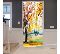 A.Monamour Adesivo Porta Autoadesiva Disegno Ad Acquerello Alberi Gialli Foresta Autunnale Nel Parco Vinile PVC Adesivi per Porte Interne 3D Pellicola Adesiva Poster Sticker Murale Decorazione