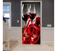 A.Monamour Adesivo Porta Autoadesiva Due Bicchieri Di Vino Rosso Rose Rosse Candele San Valentino Romantico Vinile PVC Adesivi per Porte Interne 3D Pellicola Adesiva Poster Sticker Murale Decorazione