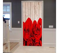 A.Monamour Adesivo Porta Autoadesiva Fiore Di Rosa Rossa Su Assi Di Legno Struttura Di Legno San Valentino Vinile PVC Adesivi per Porte Interne 3D Pellicola Adesiva Poster Sticker Murale Decorazione