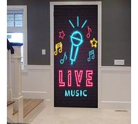A.Monamour Adesivo Porta Autoadesiva Luce Al Neon Incandescente Musica Dal Vivo Microfono Nota Musicale Sfondo Vinile PVC Adesivi per Porte Interne 3D Pellicola Adesiva Poster Sticker Murale