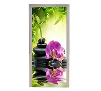A.Monamour Adesivo Porta Autoadesiva Meditazione Yoga Zen Piante Verdi Fiori Di Orchidea Rocce Pietre Acqua Scenario Naturale Vinile PVC Adesivi per Porte Interne 3D Pellicola Adesiva Sticker Murale