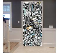 A.Monamour Adesivo Porta Autoadesiva New York Graffiti Doodles Schizzo Disegno Arte Astratta Vinile PVC Adesivi per Porte Interne 3D Pellicola Adesiva Poster Sticker Murale Decorazione da Parete