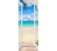 A.Monamour Adesivo Porta Autoadesiva Oceano Blu Spiaggia Vista Mare Dalla Finestra Aperta Paesaggio Naturale Vinile PVC Adesivi per Porte Interne 3D Pellicola Adesiva Poster Sticker Murale
