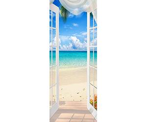 A.Monamour Adesivo Porta Autoadesiva Oceano Blu Spiaggia Vista Mare Dalla Finestra Aperta Paesaggio Naturale Vinile PVC Adesivi per Porte Interne 3D Pellicola Adesiva Poster Sticker Murale