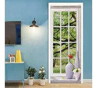 A.Monamour Adesivo Porta Autoadesiva Paesaggio Forestale Di Alberi Verdi Attraverso La Finestra Vinile PVC Adesivi per Porte Interne 3D Pellicola Adesiva Poster Sticker Murale Parete Carta da Parati