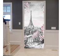 A.Monamour Adesivo Porta Autoadesiva Pittura Ad Acquerello Parigi Paesaggio Balcone Torre Eiffel Fiori Vinile PVC Adesivi per Porte Interne 3D Pellicola Adesiva Poster Sticker Murale Decorazione