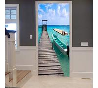 A.Monamour Adesivo Porta Autoadesiva Ponte Del Molo Di Legno Della Spiaggia Nell'Oceano Blu Barca Del Mare Sulla Natura Dell'Acqua Vinile PVC Adesivi per Porte Interne 3D Pellicola Adesiva Sticker