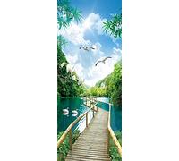 A.Monamour Adesivo Porta Autoadesiva Ponte di Legno sopra Gli Uccelli Lago Che Volano nel Paesaggio Naturale Cielo Blu Vinile PVC per Porte 3D Pellicola Poster Sticker Murale Parete Carta da Parati
