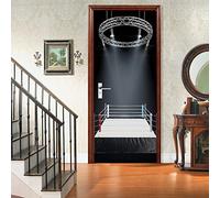 A.Monamour Adesivo Porta Autoadesiva Ring Di Pugilato Stadio Vuoto Sotto I Riflettori Su Sfondo Nero Vinile PVC Adesivi per Porte 3D Pellicola Adesiva Poster Sticker Murale Parete Carta da Parati