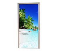 A.Monamour Adesivo Porta Autoadesiva Spiaggia All'Isola Di Praslin Albero Di Cocco Tropicale Blu Oceano Natura Paesaggio Vinile PVC Adesivi per Porte Interne 3D Pellicola Adesiva Poster Sticker Murale
