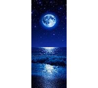 A.Monamour Adesivo Porta Autoadesiva Super Luna nel Cielo Stellato Blu sulla Spiaggia del Mare Vinile PVC Adesivi per Porte Interne 3D Pellicola Adesiva Poster Sticker Murale Parete Carta da Parati