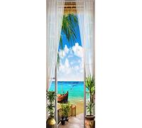 A.Monamour Adesivo Porta Autoadesiva Terrazza Vista Mare Con Tenda In Voile Bianco Spiaggia Sabbiosa Vinile PVC Adesivi per Porte 3D Pellicola Adesiva Poster Sticker Murale Parete Carta da Parati