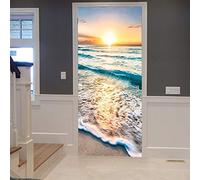 A.Monamour Adesivo Porta Autoadesiva Tramonto Oceano Mare Blu Onde Dell'Oceano Spiaggia Di Sabbia Natura Paesaggio Vinile PVC Adesivi per Porte Interne 3D Pellicola Adesiva Poster Sticker Murale