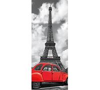 A.Monamour Adesivo Porta Autoadesiva Una Macchina Rossa Davanti Alla Torre Eiffel A Parigi Francia Vinile PVC Adesivi per Porte Interne 3D Pellicola Adesiva Poster Sticker Murale Parete
