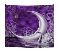 A.Monamour Arazzo da Parete Grande Fantasia Incantata Lavanda Sfondo Viola Luna E Lago Dei Cigni Telo Arazzi Tappezzeria Decorazione da Parete per Soggiorno Camera da Letto Dormitorio 130x153cm