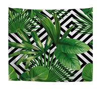 A.Monamour Arazzo da Parete Grande Giungla Esotica Pianta Tropicale Foglie Di Palma Modello Su Sfondo Geometrico Bianco Nero Telo Arazzi Tappezzeria Decorazione da Parete per Camera da Letto 180x230cm