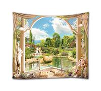 A.Monamour Arazzo da Parete Grande Mandala 3D Balcone Vista Giardino Fiori Alberi Scultura Palazzo All'Aperto Natura Scenario Telo Tessuto Tenda Tovaglia Copriletto Arazzi Murale Decorazione