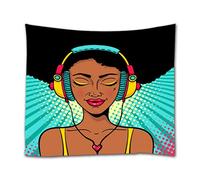 A.Monamour Arazzo da Parete Grande Mandala Afro Capelli Neri Donna Africana Con Le Cuffie Che Ascoltano Musica Pop Art Telo Tessuto Tenda Tovaglia Copriletto Copridivano Arazzi Murale Decorazione