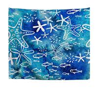 A.Monamour Arazzo da Parete Grande Sfondo Del Mare Dell'Acqua Blu Dell'Acquerello Con Stelle Marine E Pesci Disegnati A Mano Telo Arazzi Tappezzeria Decorazione da Parete per Camera da Letto 102x153cm