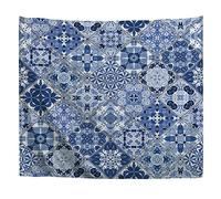 A.Monamour Arazzo da Parete Mandala Mosaico Blu E Bianco Motivi Quadrati Ornamenti Classici In Stile Orientale Telo Tessuto Tenda Tovaglia Copriletto Copridivano Arazzi Murale Decorazione 180x230cm