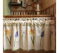 A.Monamour Lino Beige Rustico Narciso Fiori Mezza Tenda Corta Da Cucina Trattamenti di Finestra Mantovana per Porta Dell'armadio Café Bistrot Finestra a Vetro