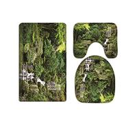 A.Monamour Set Tappeti Bagno 3 Pezzi Completo Alberi Verdi Foresta Montagna Rocce Pietre Cascata Antiscivolo Morbidi Assorbente Lavabile Tappetini per Il Bagno WC Bidet