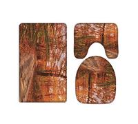 A.Monamour Set Tappeti Bagno 3 Pezzi Completo Autunno Rosso Foresta Alberi Strada Lunga Sentiero Parco Natura Scenario Antiscivolo Morbidi Assorbente Lavabile Tappetini per Il Bagno WC Bidet